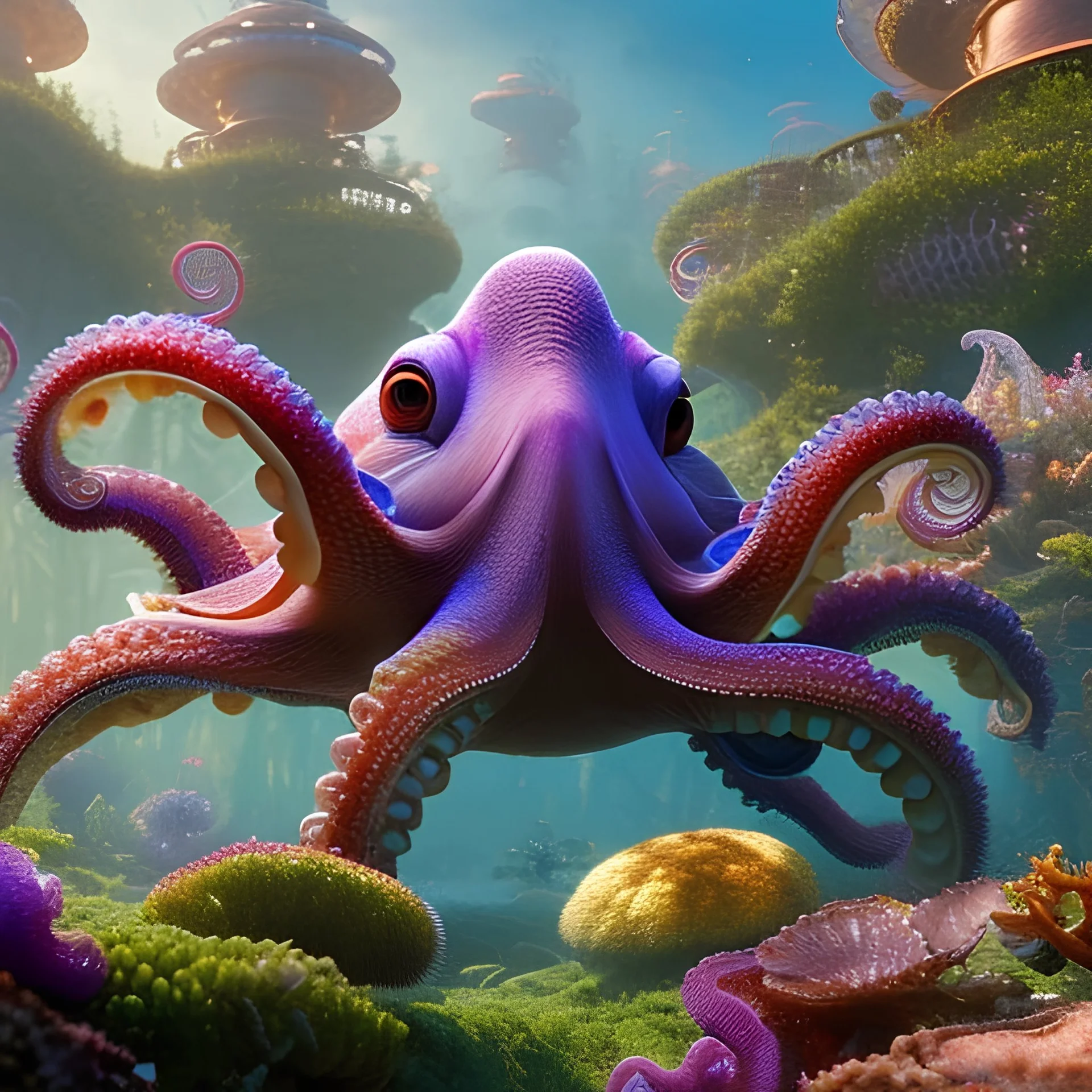 pixar style, volumetric summer garden environment and background, realistic painting of a octopus, looking excited, detailed digital painting, extreme dense and fine fur, anime, ornate, colour-washed colors, elegant, small minutiae, tiny features, particulars, centered, smooth, sharp focus, renderman gofur render, 8k, uhd, detailed eyes, realistic shaded volumetric lighting, sunlight caustics, backlight, centered camera view