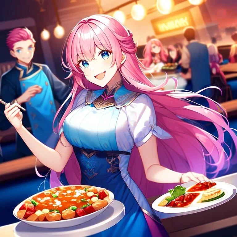 girl, masterpiece, best quality, cinematic lighting, detailed outfit, perfect eyes, long hair, pink hair, blue eyes, laughing, at restaurant, food, detailed background, wide view, god rays,