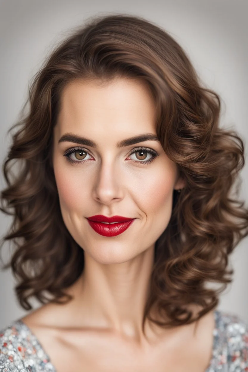 a portrait of a cute spanish girl with brown hair and large brown eyes and big red lips in her 40s