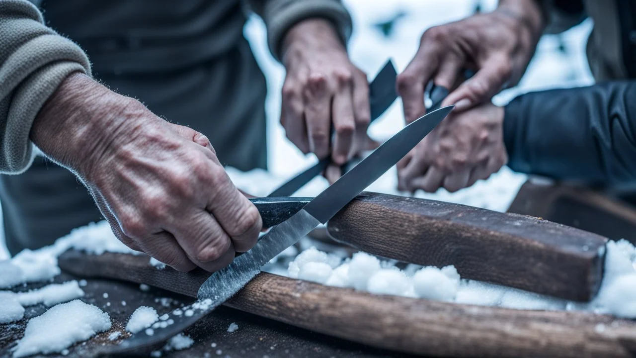 close up photo frrom two large male hands sharpen a knife with another knife , high detailed, sharp focuses, photorealistic, in background blur villager place, snowy yard