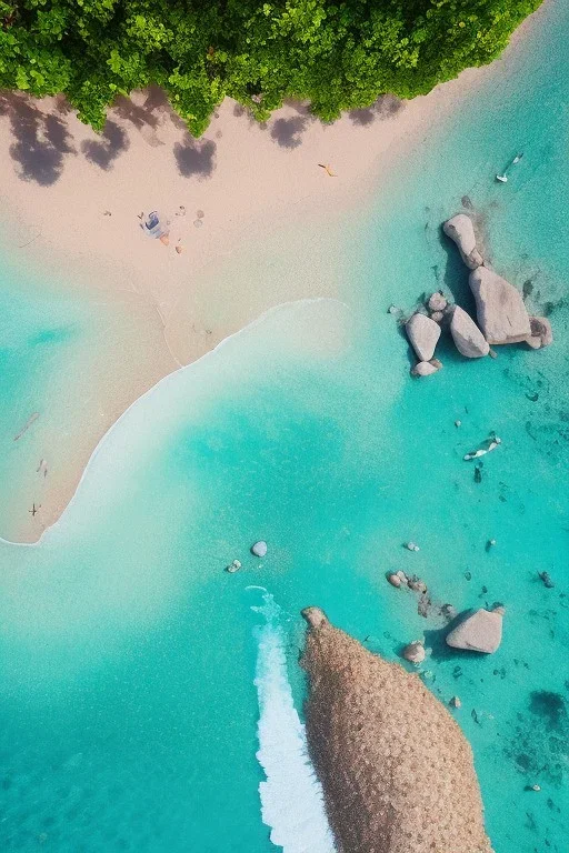 plage sable jaune, mer bleu turquoise, cocotoer, soleil, oiseau dans le ciel