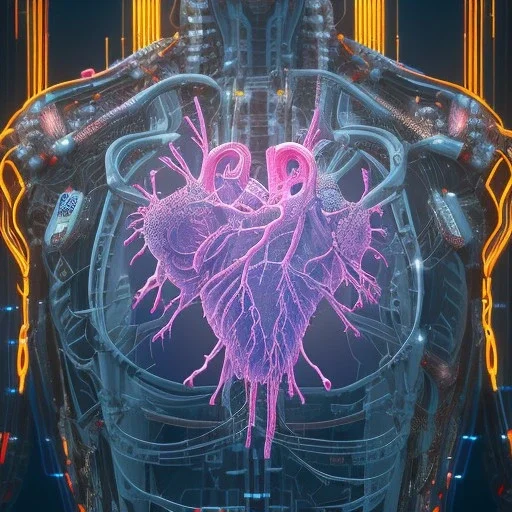  human heart, realistic, cyberpunk, hyperdetailed, intricately detailed, neon shining, darkred tones,