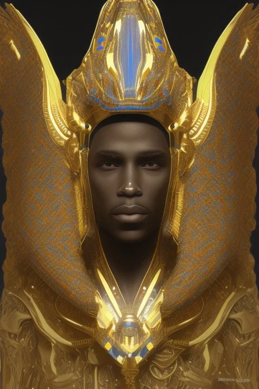 black male African Egyptian alien, cracks in the voodoo head, wicked, diamond eyes, crown, blood, 8k, finely detailed, photo realistic, tiger robe turquoise skull head gold dragon space alien rain skeleton gold teeth silver crown silver space suit spaceships