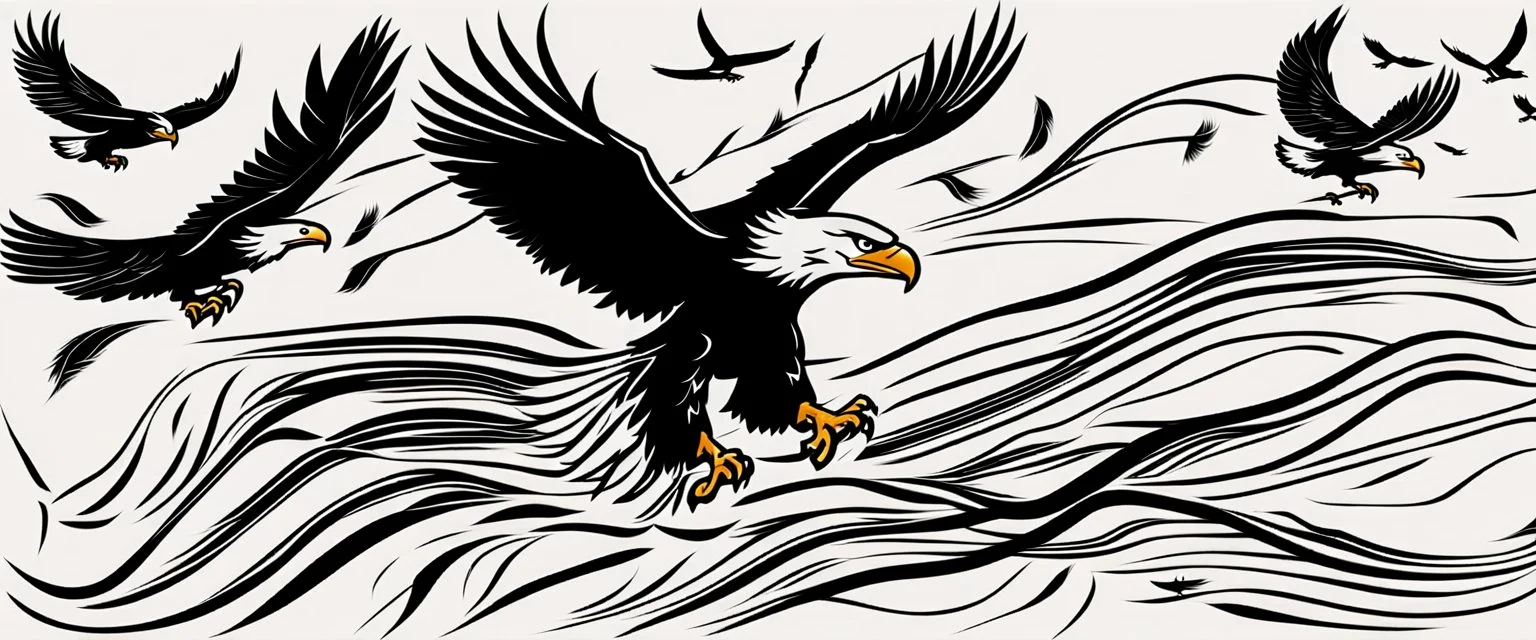 energetic lines blowing across the composition, eagle chasing smaller birds on the right, a few feathers trailed behind, vector black on white