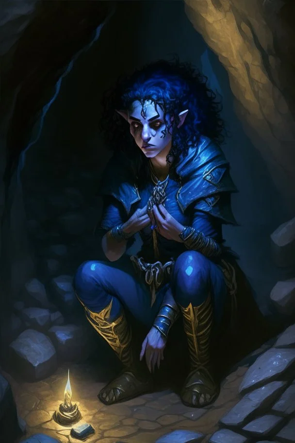 Dnd character on her knees in a dark cave. A female Moonelf twilight cleric with super curly, super short, dark blue hair and golden eyes, wearing gray and dark blue robes. With tattoos. Muscular, broad.