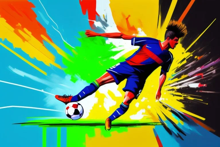 Oil painting, full body of a soccer player, he is kicking the ball, the ball is flying, bright but not neon colours, dynamic lines, dynamic blobs, spots, lines in the background of the character, splash like a colour explosion