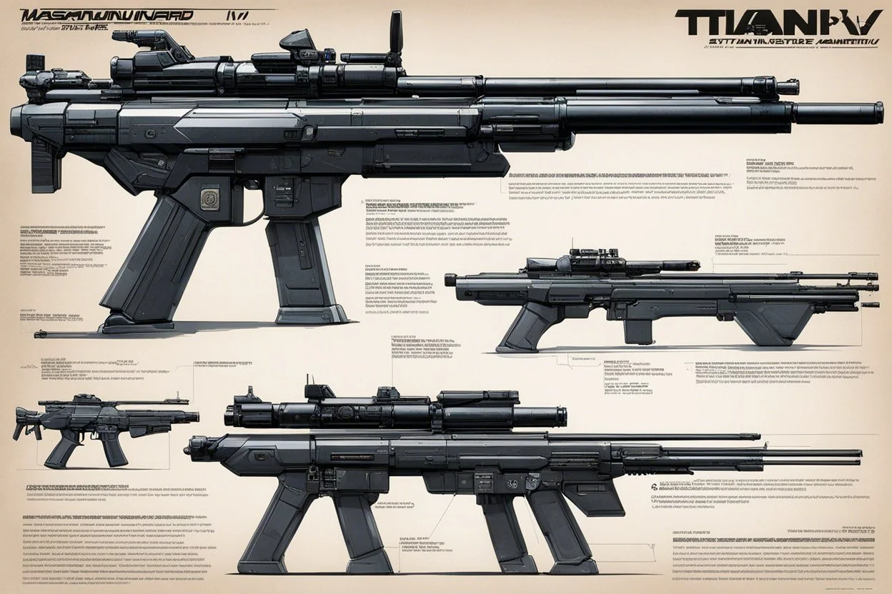 ConceptSheet by Masamune Shirow: A document showing The Titan Mk IV Vanguard is a state-of-the-art battle rifle designed for elite military units operating in high-stakes and off-world environments. Its robust construction, advanced targeting systems, and modular design make it a versatile and powerful weapon on the battlefield.