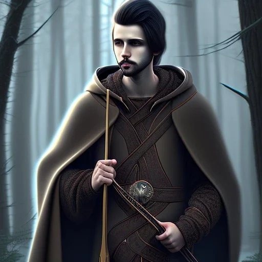 Male, Dark hair, Digital Art, Bow in hand, Hooded Cloak, Dark Forrest background