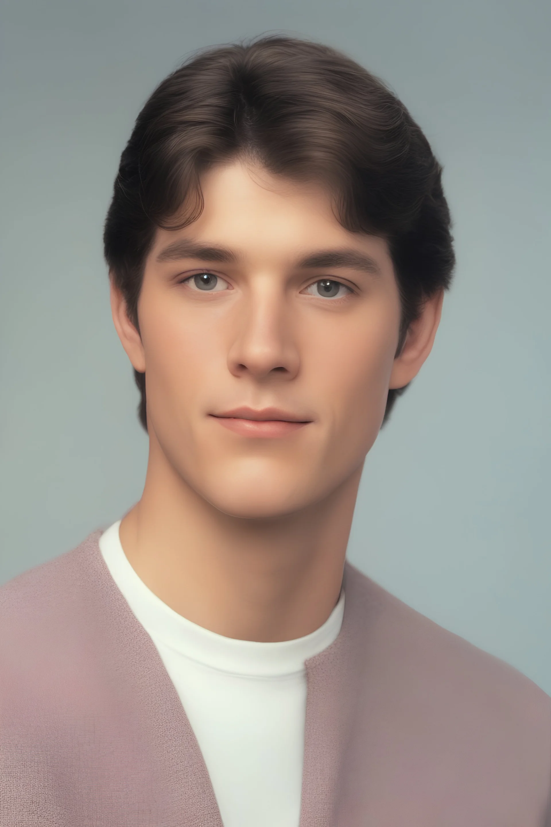 full color image, 1980's yearbook photo, teenager, Clark Kent (Christopher Reeve), 14 years old, photorealistic, --ar 9:16 --style raw