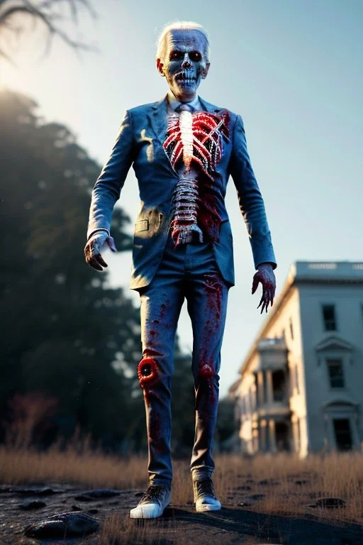 Ultra realistic image, joe biden zombie, zombie performance, skull, blood, torn arm, night, walking twisted, waist up view, thriller style, dark ambient, highly detailed, White House background, concept art, unreal engine 5, god rays, ray tracing, RTX, night lighting, ultra detail, volumetric lighting, 3d, finely drawn, high definition, high resolution.