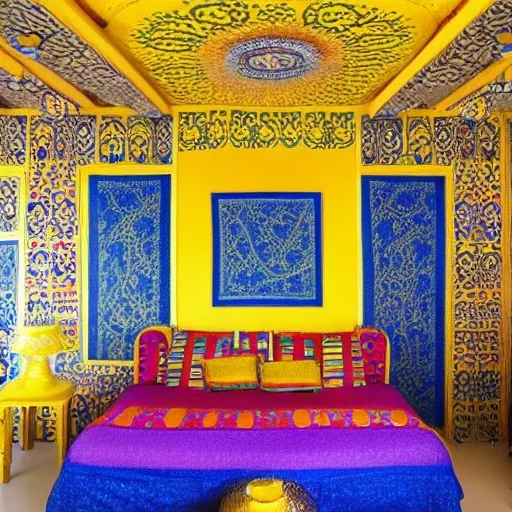 The room is filled with the vibrant colors and patterns characteristic of Kutchi design. The walls are painted in a sunny yellow hue, adorned with intricate white motifs inspired by traditional Kutchi embroidery. The ceiling is a rich cobalt blue, with delicate silver filigree patterns swirling across its surface. In the center of the room, a low-lying divan covered in a brightly-colored Kutchi rug provides a cozy spot to sit and relax. A series of colorful cushions in a variety of patterns and