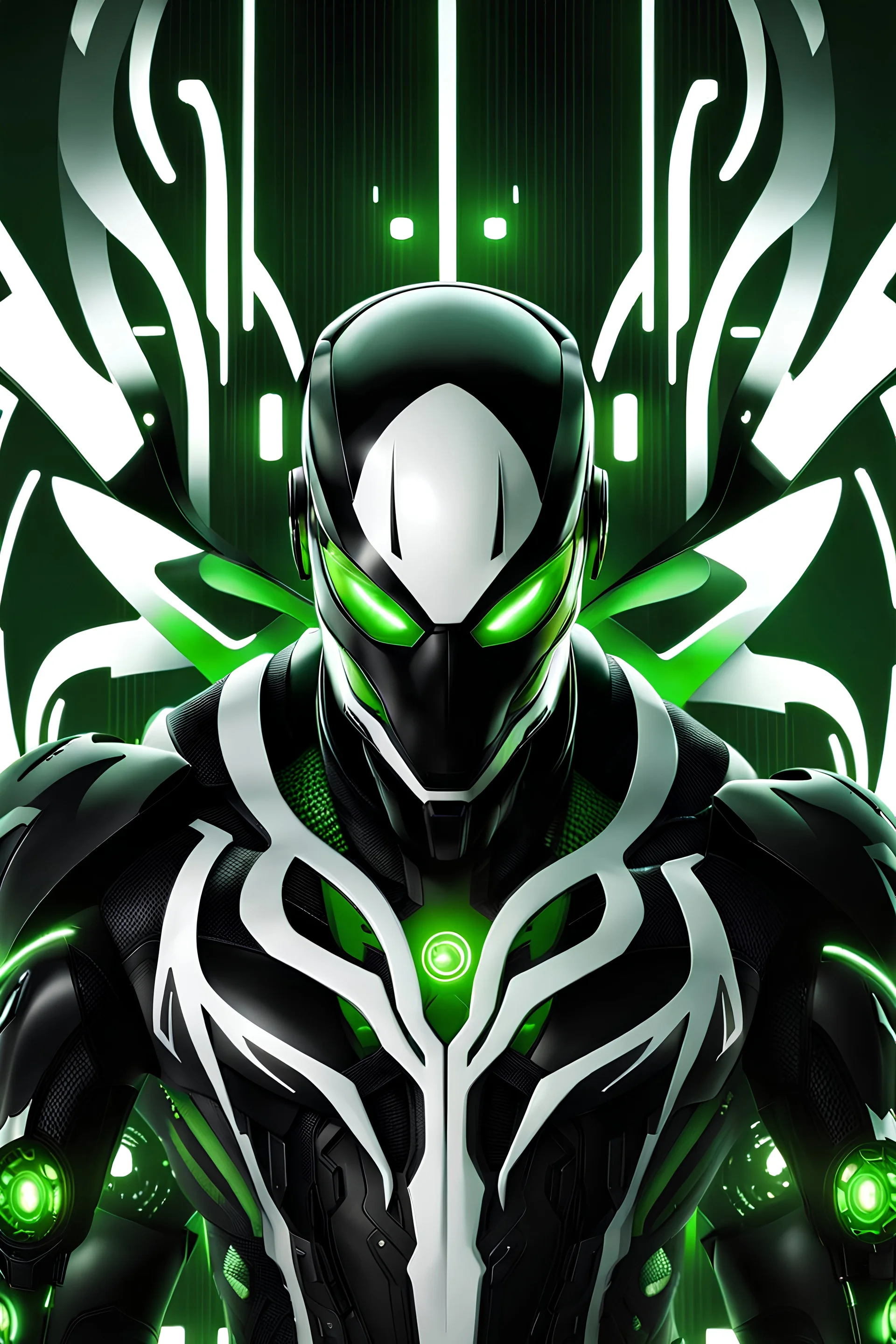 Cyborg symbiote, white color, green color, tendrils, high tech, cyberpunk, biopunk, membrane wings, carbon fiber, cyber tentacles, and the other two.