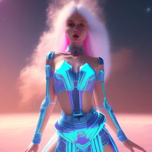 Entire white woman with legs, long blond hair, blue eyes, pink and blue dress in a galactic ambiance, delicate colors in the foreground, full of details, smooth, light effect，vaporwave colorful, smooth, extremely sharp detail, finely tuned detail, ultra high definition, 8 k, unreal engine 5, ultra sharp focus