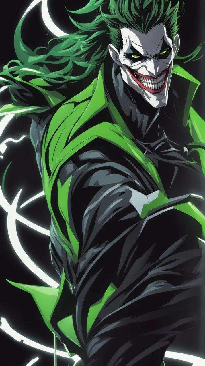 A very close picture to Mix between the joker and venom symbiote in solo leveling shadow art style with neon green details