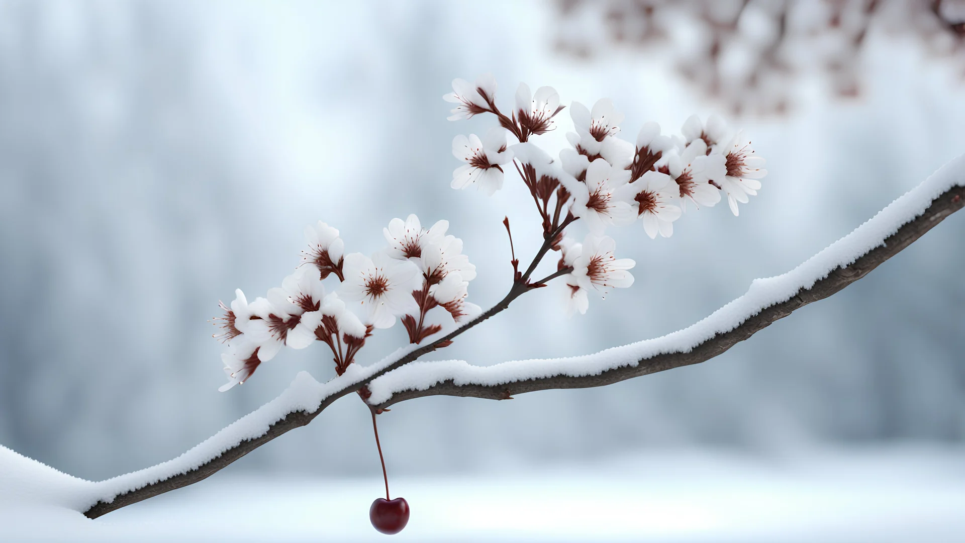 a cherry tree branch during winter, photorealistic, unreal engine, 4K UHD image, octane render, very intricated details