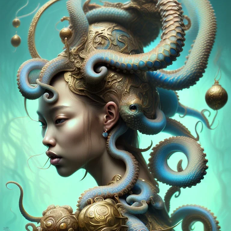 Sango fantasy, fantasy magic, intricate, sharp focus, illustration, highly detailed, digital painting, concept art, matte, art germ and Paul Lewin and Kehinde Wiley, masterpiece Japanese dancer head bronze octopus' Asian African girl nice breast Thai hair turquoise silver blue under water