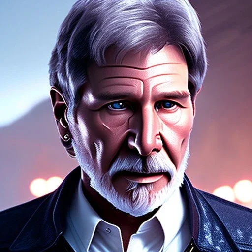 portrait a crystalised white pink harrison ford as han solo, atmospheric, realistic, unreal engine, lighting, octane render, scifi outfit