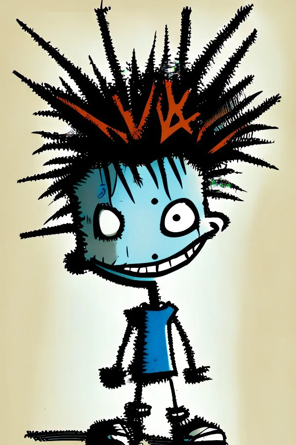 2d drawing of a stickman, cool with punk hair, x eyes like hangman, standing with back to camera, smiling,close-up ,3d realistic in colour