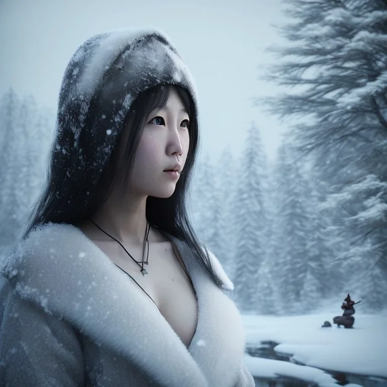 only wonderfull japanese woman, big chest, in snow, portrait, viking costume, village, meditation, woods, cyberpunk, 8k quality