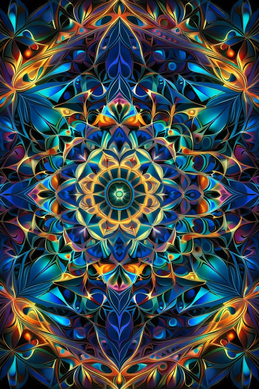 A mesmerizing digital artwork in fractal style, vibrant and abstract, showcasing a kaleidoscope of colors and intricate geometric patterns intertwined with organic shapes. The composition is symmetrical, with a focal point at the center, radiating energy and complexity. The colors range from bold and contrasting to subtle gradients, creating a sense of movement and depth. The image is detailed and precise, capturing the infinite complexity of fractal mathematics. The medium used is digital, allo