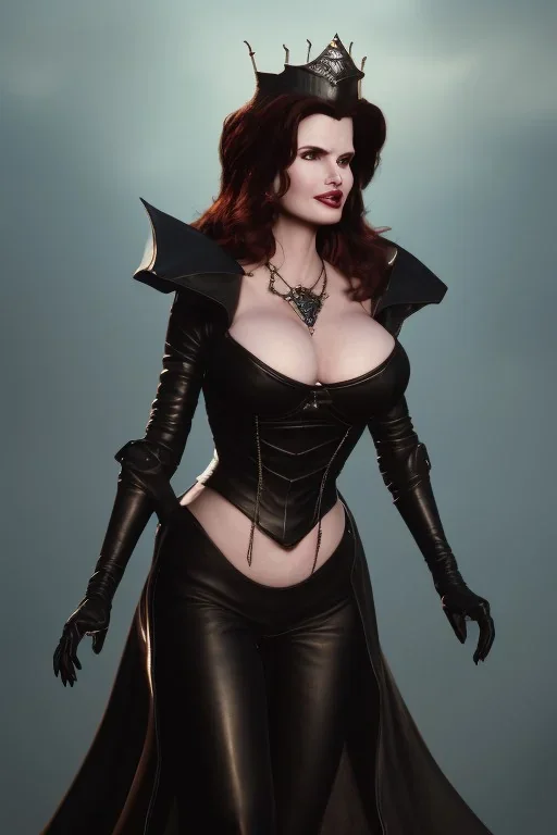 Geena Davis as evil queen in black leather, leather, busty, cleavage, angry, rage, stern look. character design by cory loftis, fenghua zhong, ryohei hase, ismail inceoglu and ruan jia. unreal engine 5, artistic lighting, highly detailed, photorealistic, fantasy