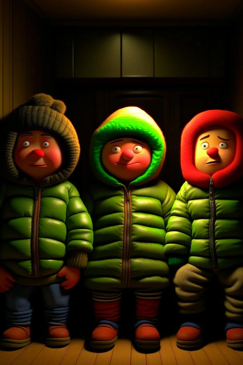 Three moleman one at top another inside an adult jacket. Movie scene.