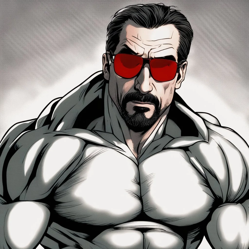 a young man with big muscles who looks like hans gruber wearing a turtleneck and red sunglasses staring with an angry look on his face