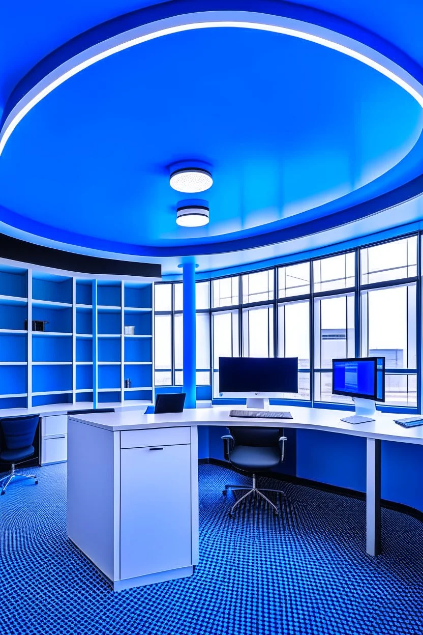 The office desks are hung on the walls in an oval shape, and the color of the walls is blue and the floor is white