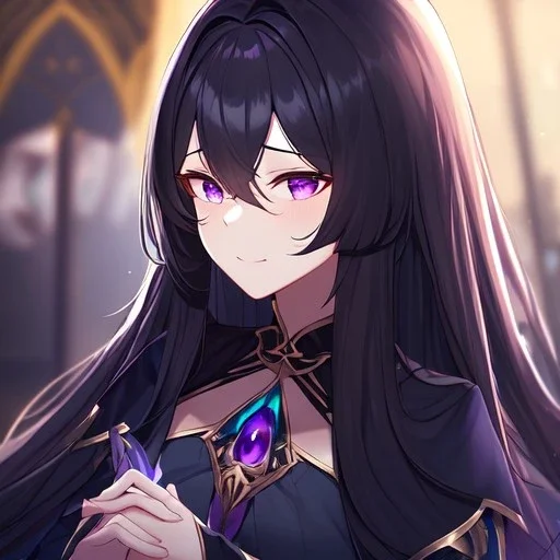 Clear focus,High resolution, Black long hair, Purple eyes, Wearing a goddess outfit, blurry background, a seductive look on her face, seductive smile