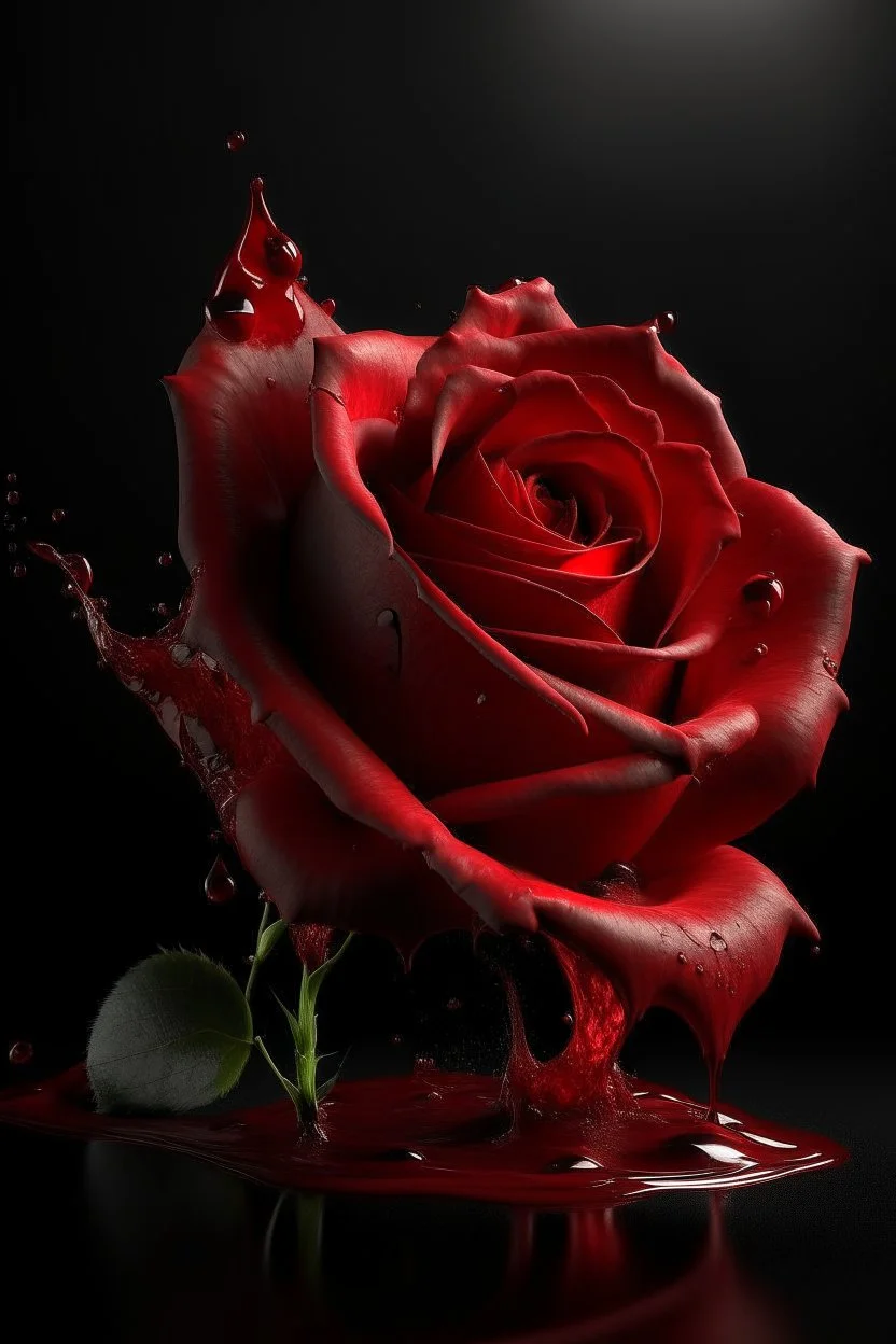 an exciting illustration of a red rose with petals, completely made with transparent red paint flowing down a dark glossy surface, a light spot on the rose, a dark empty background, liquid splashes, complex details, photorealistic