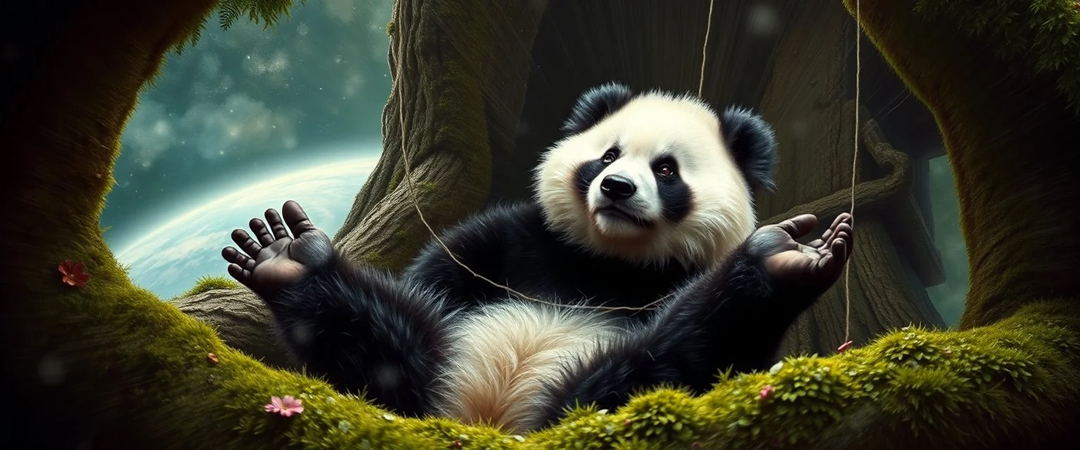 the high speed magical face of a fluffy panda yoga with charm and head set in web from mossy tower, master oil painting by Rembrandt and Escher, in his moss covered space ship , brightened edges to give a sense of depth, motion blur