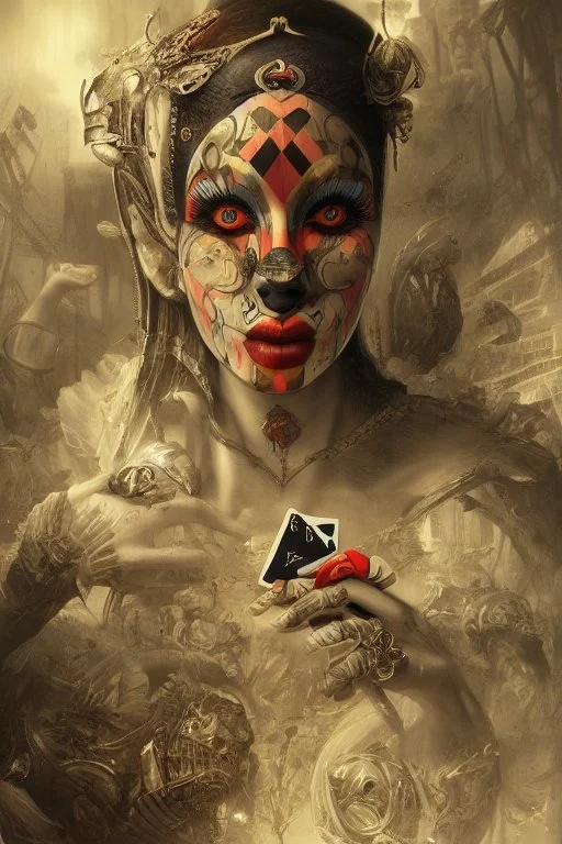 A harlequin character, playing cards with other people , sf, intricate artwork masterpiece, ominous, matte painting movie poster, golden ratio, trending on cgsociety, intricate, epic, trending on artstation, by artgerm, h. r. giger and beksinski, highly detailed, vibrant, production cinematic character render, ultra high quality model