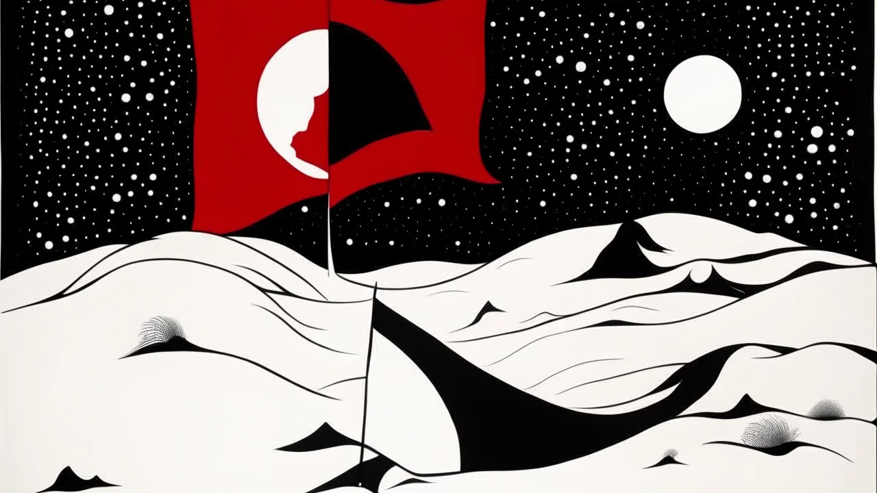 An abstract illustration by Malevich and Kuniyoshi of a black and white desert landscape with a minimalist red pirate flag.