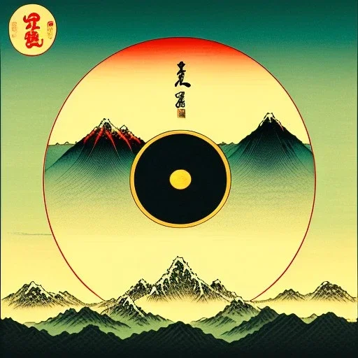 Ukiyo-e styled art, yin and yang sign, mountains and sun