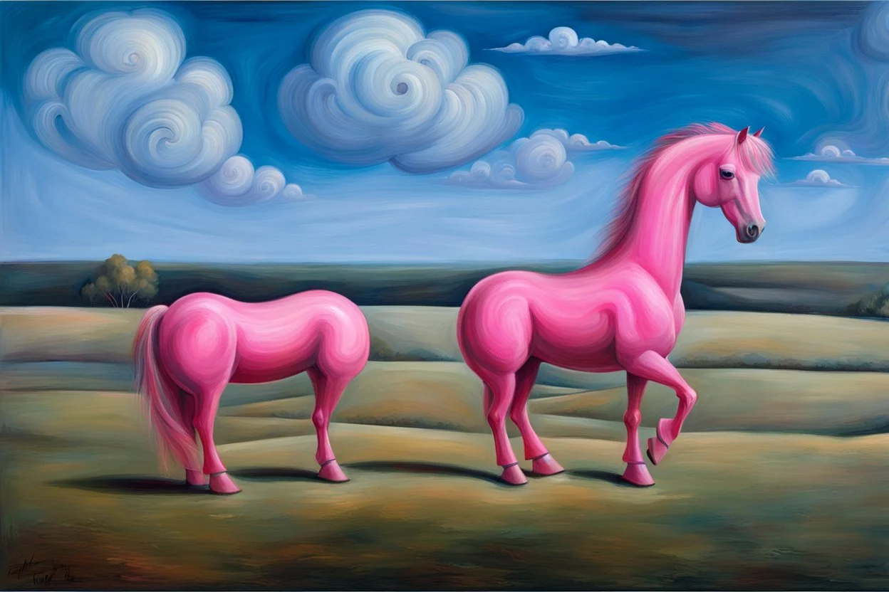 strange Big pink plastic horse.19th painting