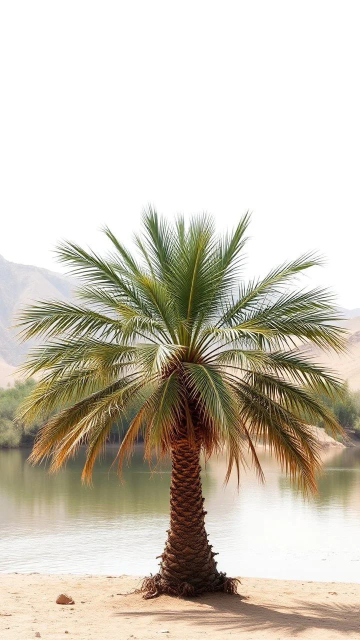 Water color of date palm tree by the lake all white desert background