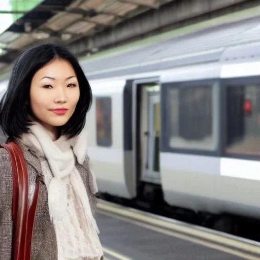 A beautiful slender Asian woman with short black hair waiting for a man at a train station in London