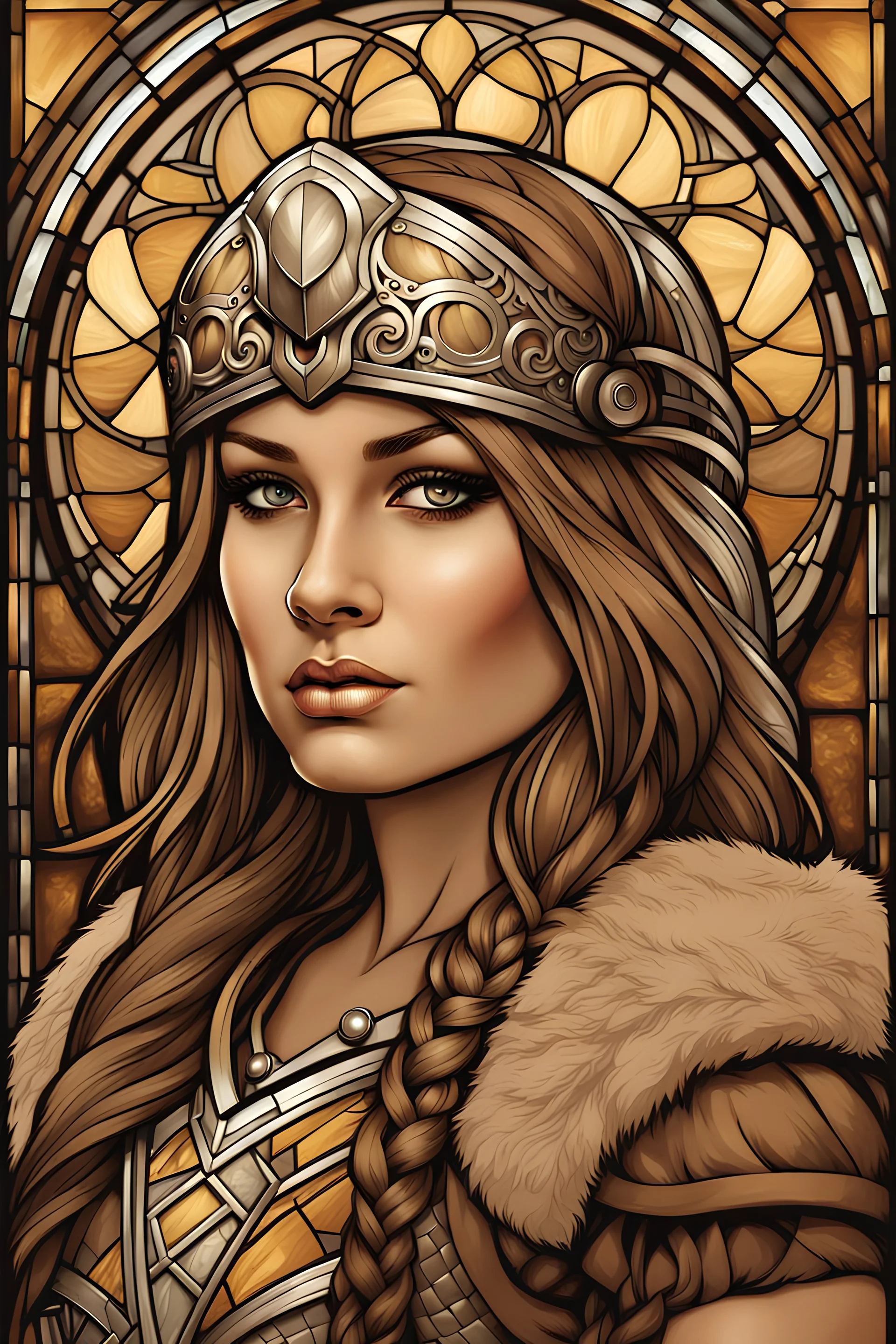 In the art style of Karem Beyit: sepia tone, a ((stained glass)) portrait of a Female Dwarf Viking