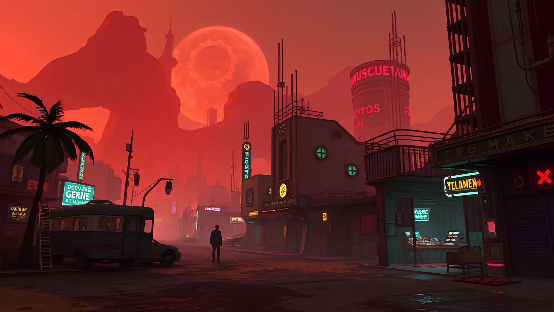 a black market in a desert city in a cyberpunk setting