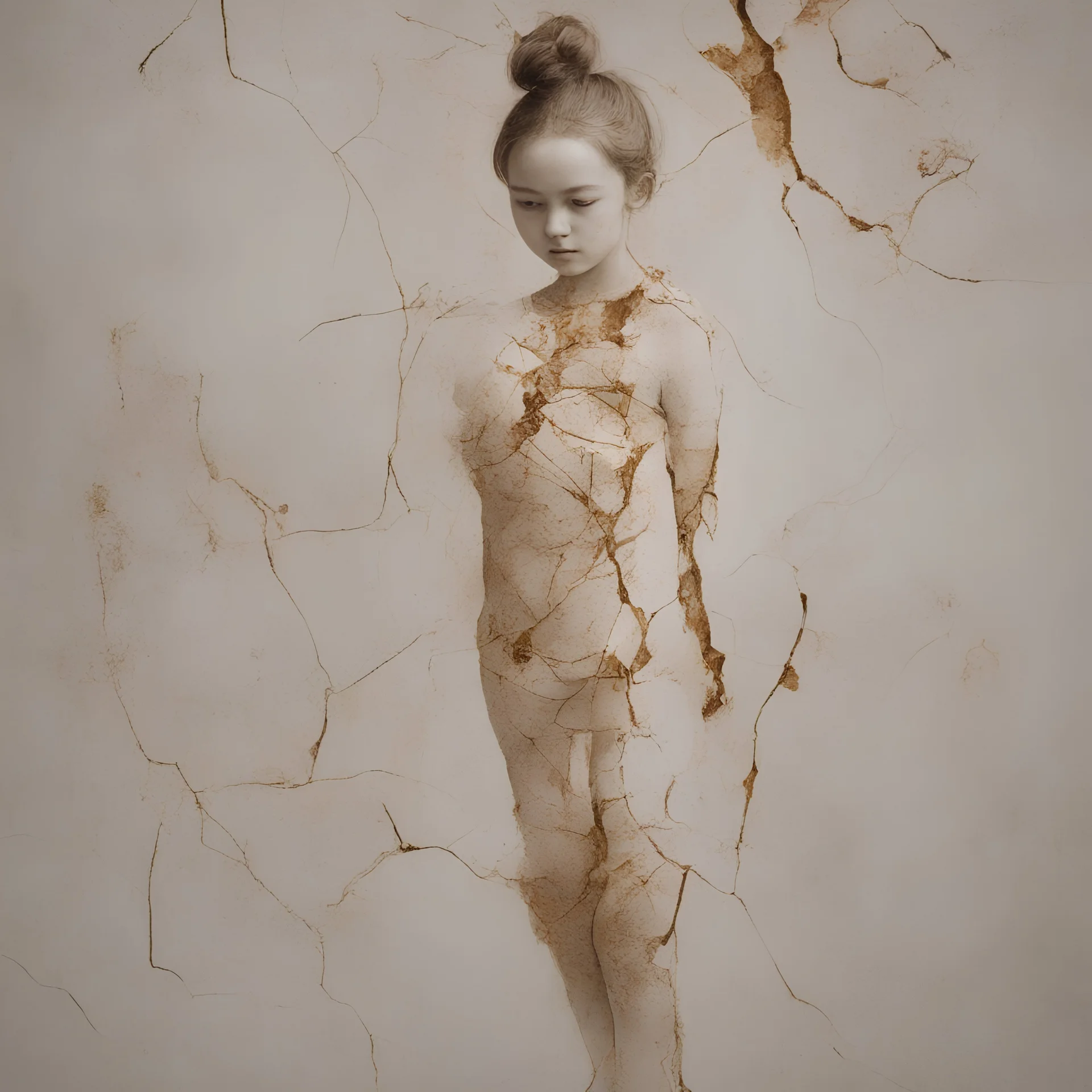 Body of a girl l repaired with the Kintsugi technique, lobg hait parted in the middle