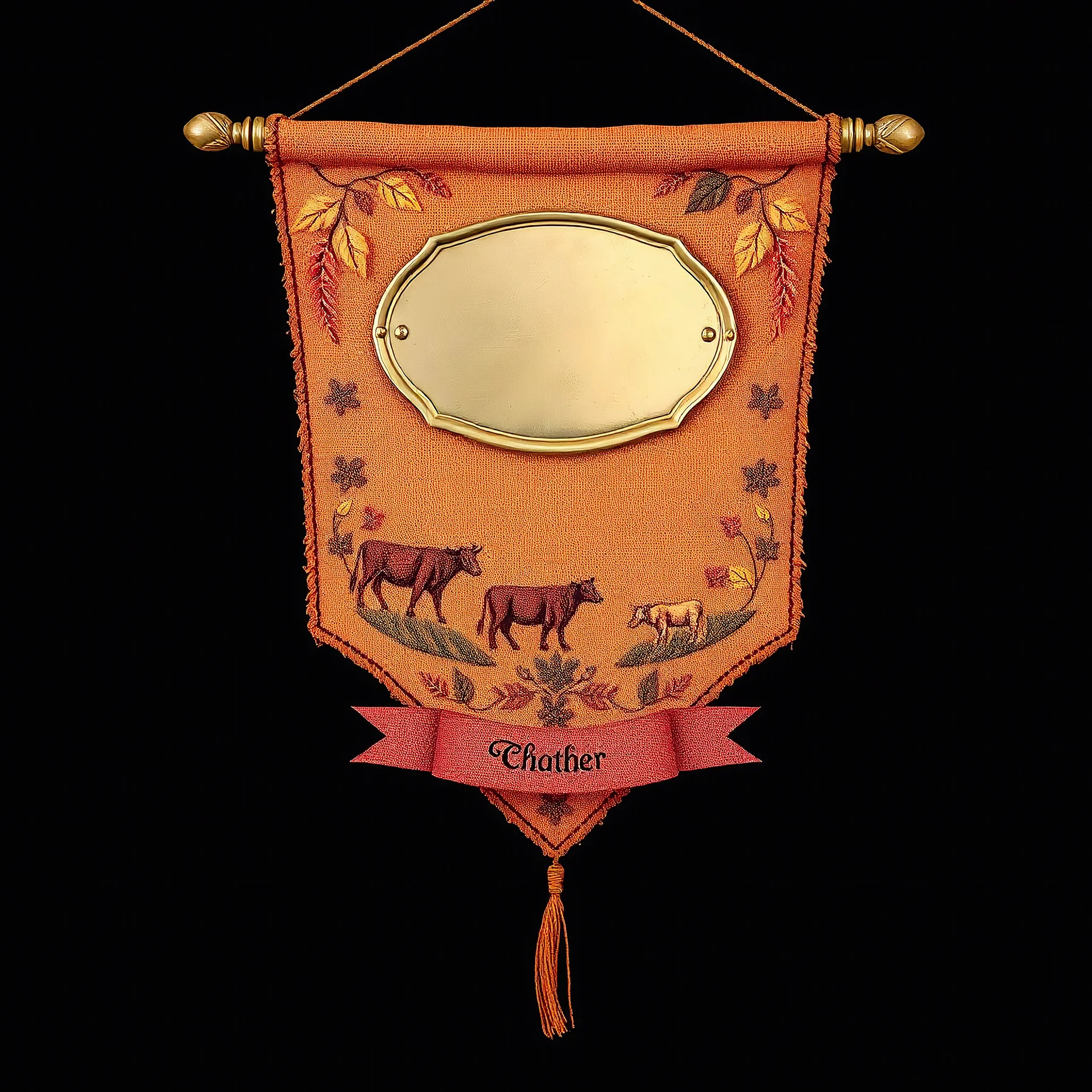 an autumn colored textured cloth hanging with embroidered ornamental leaves and cows, small blank oval brass engraving plate in upper middle, banner is downward pointed bottom, on dark background, western style