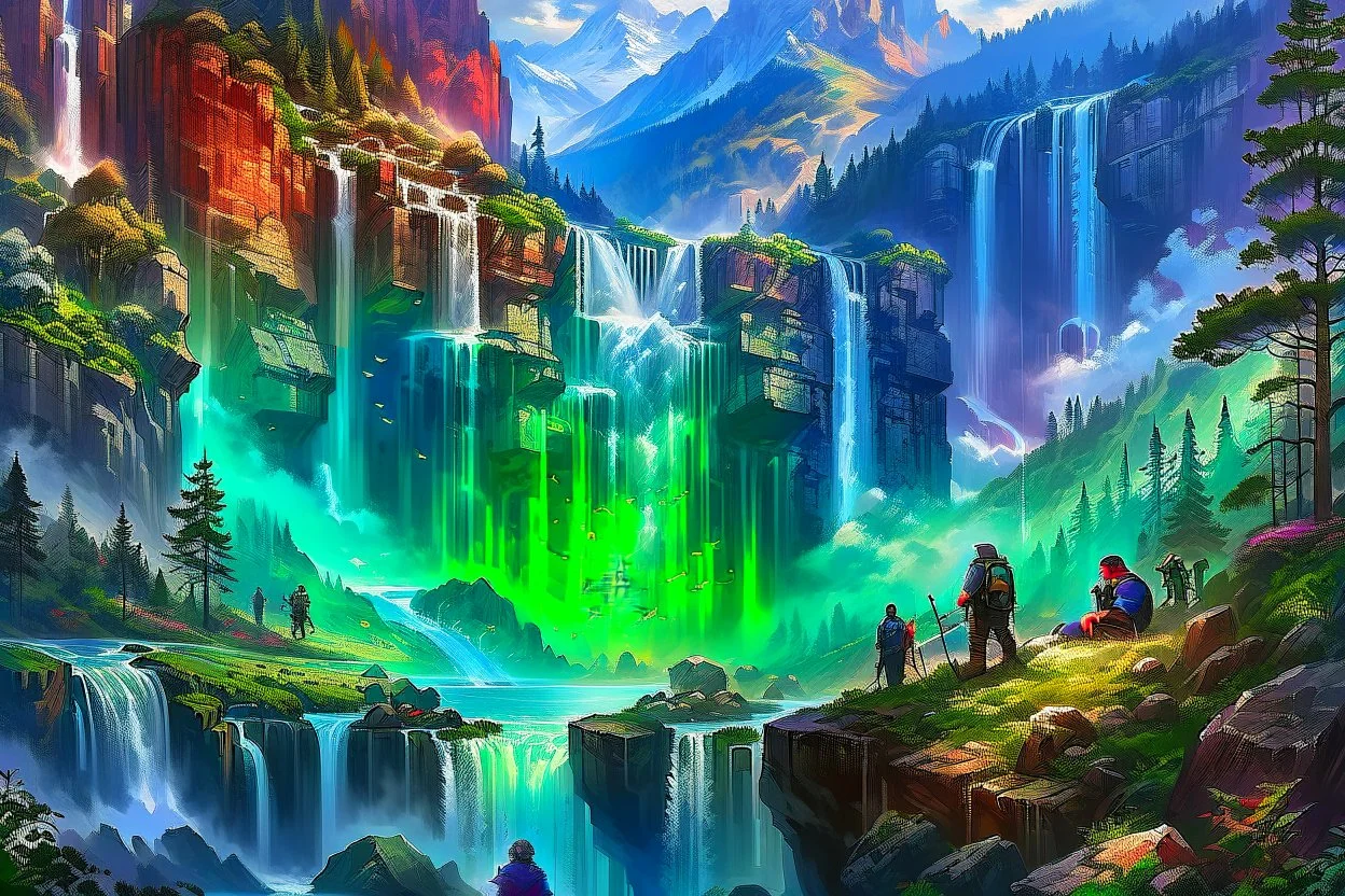 The land of scandinavia, forests, waterfall, travelers on their way, beautiful scenery, 8k, high detail, digital painting, concept art