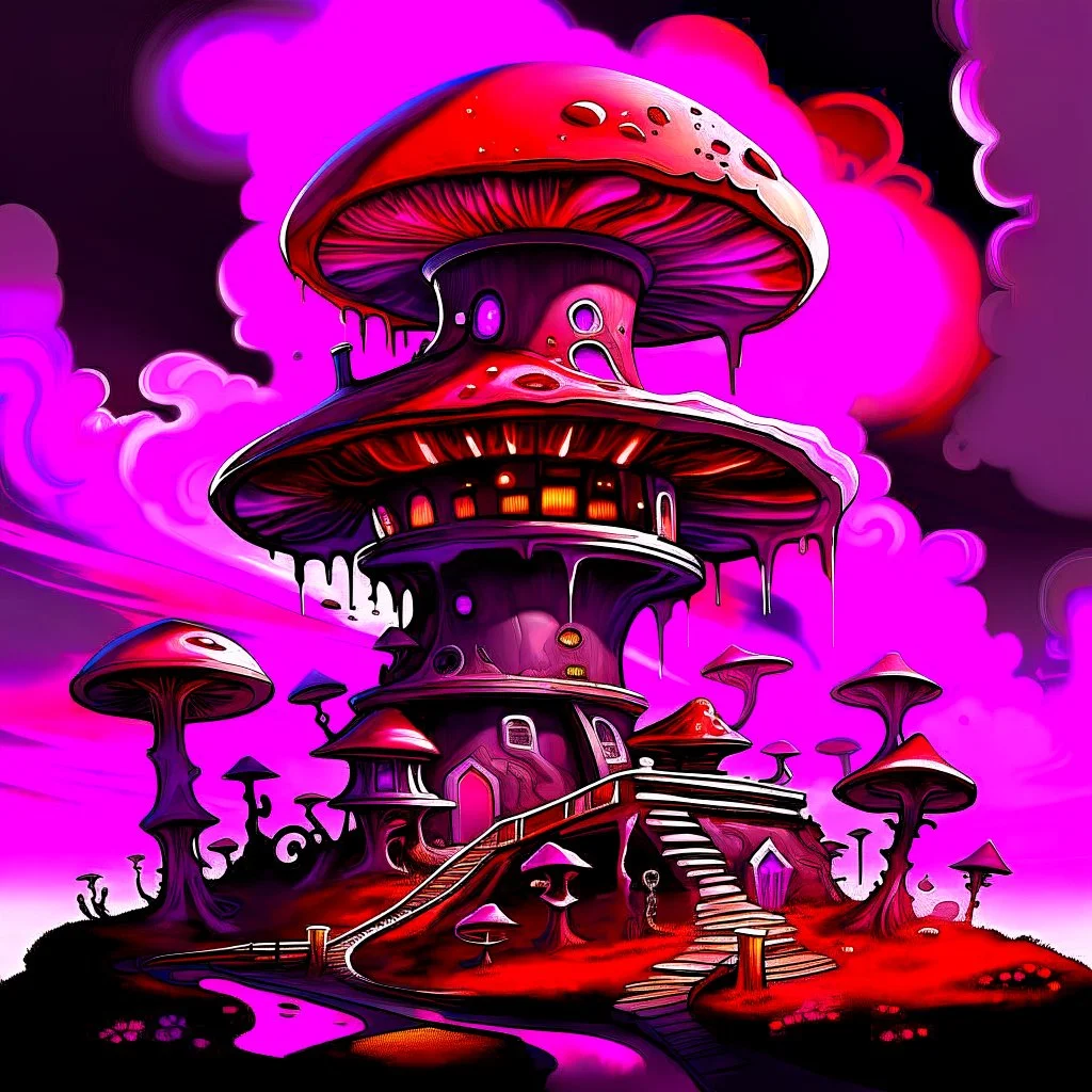 A fantabulous black, purple and red (((mushroom tower house))) erected atop a (geologic pillar), surrounded by the uncanny imaginative ((( swirling skies))), offset by the stark hues of a (neon-tinged nebulous space scape), within. captured by the hand a skilled master painter with a focus on (softly blurred compositions and voluminous lighting).
