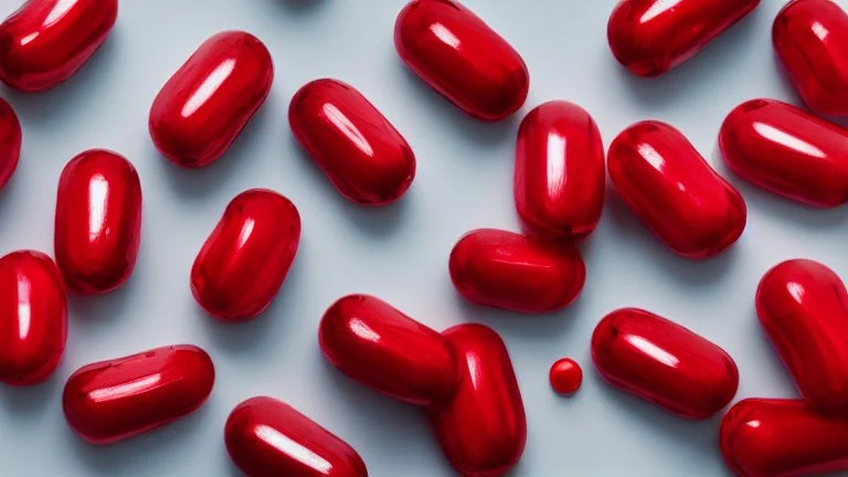 a bubble pack of red pills, next to torn red ribbon, on a white background