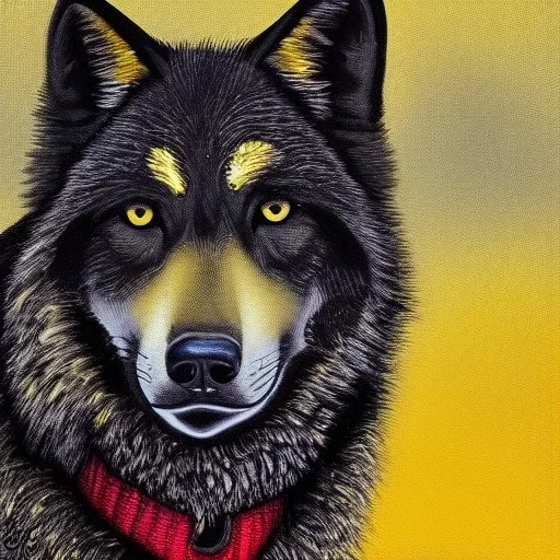 Black wolf with yellow and red