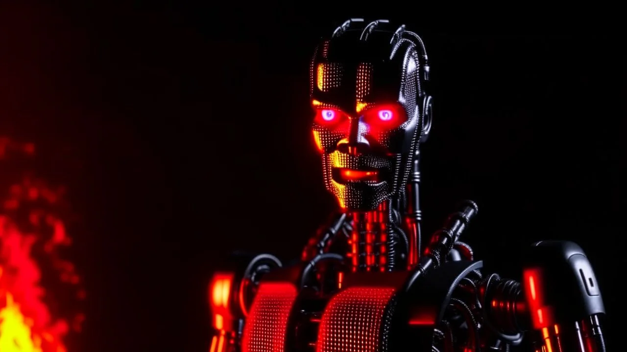 4k full realism, ultra details, lumieres maximum. Ombres ultra. Terminator robot dans un studio de radio en feu