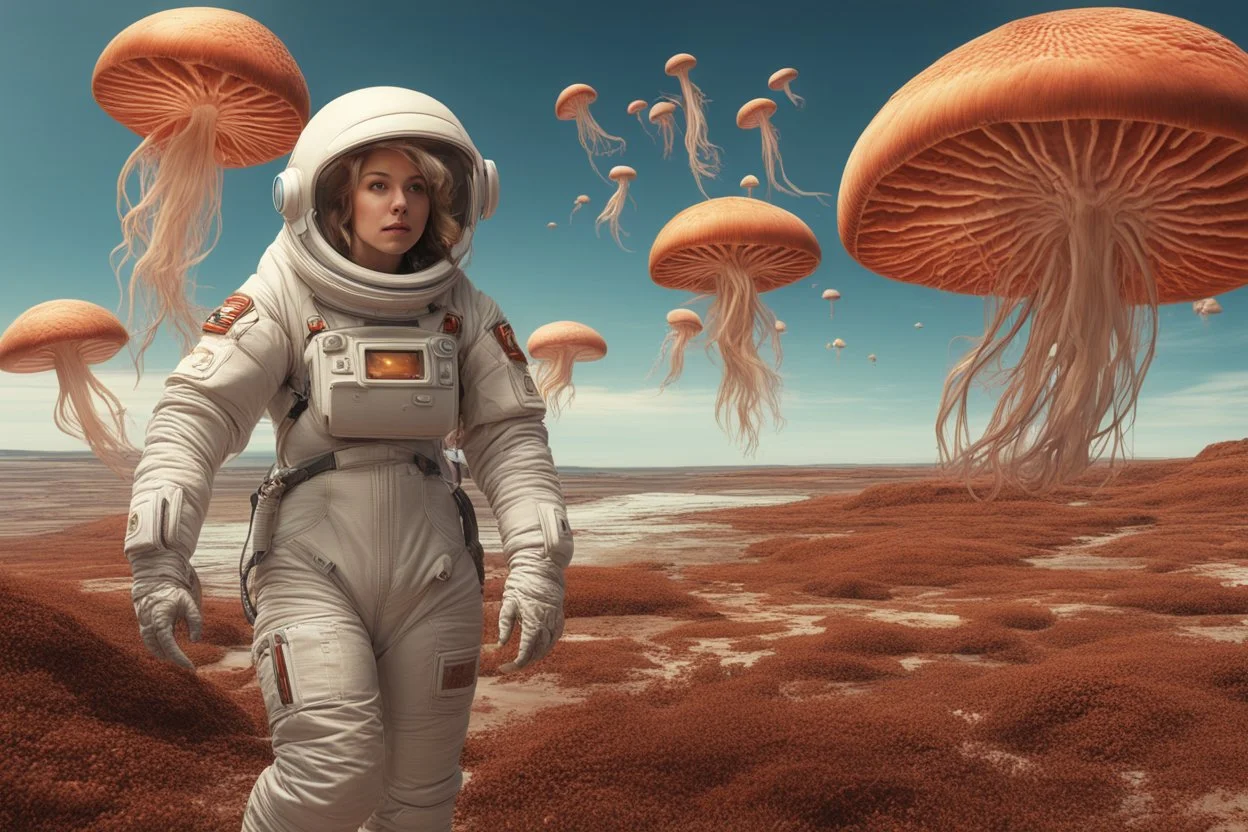 woman in a spacesuit, on the shores of an alien world, with mushrooms, with jellyfish tentacles floating in the air, photorealistic, Detailed Matte Painting, Deep Colour, Fantastical, Intricate Detail, sunshine, blue sky