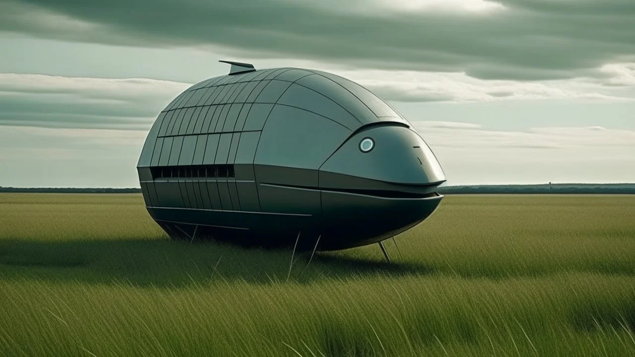 small, sleek, squat, cargo spaceship shaped like a whale, sitting in a field