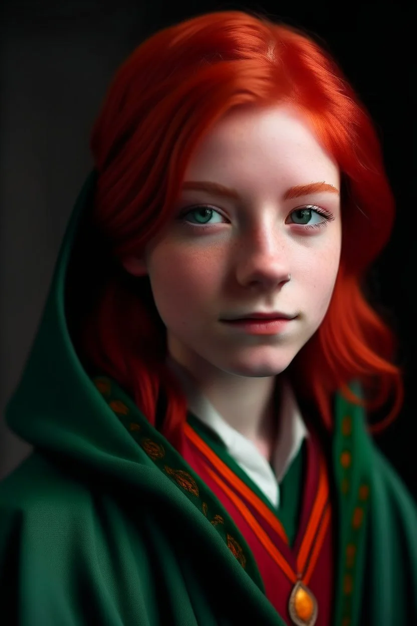 A girl with red hair and green eyes and she is wearing a Hogwarts robe