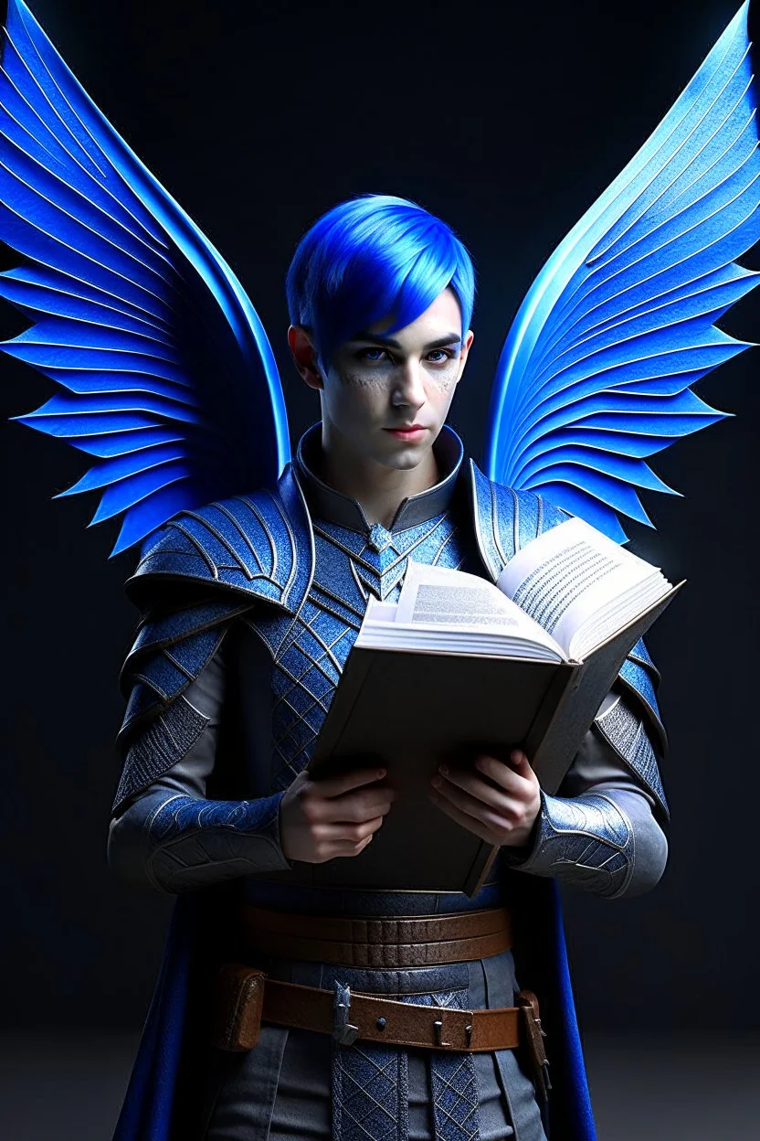 a person in runic armor with blue wings, blue short hair, runic tattoo and spell book, male